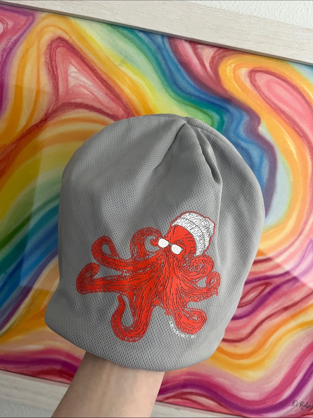 Gray Beanie with Deep Orange Octopus Graphic